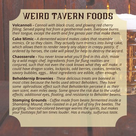 Dnd Inn, Dnd Shop, Tavern Ideas, Dnd Tavern, Tavern Food, Dnd Food, Dm Tools, Dnd Things, Dnd Inspiration