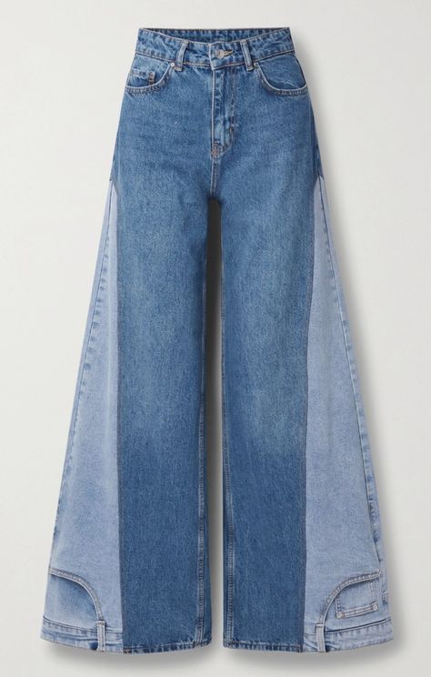 Upcycled Wide Leg Jeans, Unique Jeans Design, Two Jeans In One, Denim Jean Upcycle, Jean Pants Design, Upcycle Denim Jeans Diy Projects, Upcycling Denim Jeans, Upsizing Jeans, Upcycled Jeans Ideas