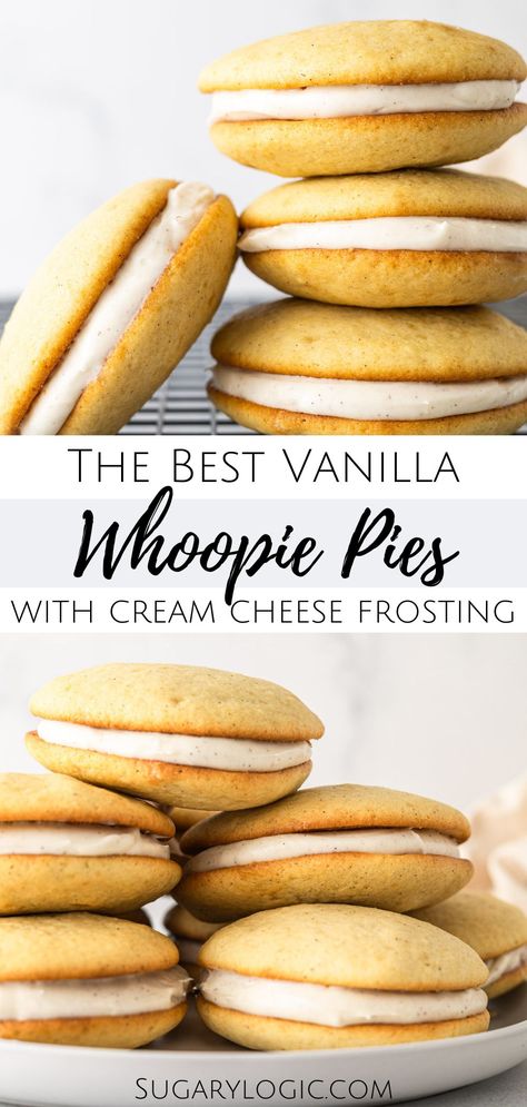 Transport yourself back to simpler times with this delicious twist on the classic whoopie pie. With a fluffy cake-like vanilla cookie and luscious cream cheese frosting, each bite is sweet perfection. Great for birthday parties or any time a sweet treat is in order, these cookie sandwiches will surely be a hit with friends and family. Yellow Cake Whoopie Pies, Vanilla Sandwich Cookie Recipes, Whoppie Pies Vanilla, Pineapple Whoopie Pies, Cream Cheese Whoopie Pie Filling, Peach Whoopie Pies, Vanilla Sandwich Cookies, Easy Whoopie Pie Recipe, Sourdough Whoopie Pies