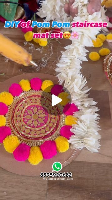 Bandarwar Handmade, Grey Colour Combination Bedrooms, Pom Pom Rangoli Designs, Diy Rangoli Mats, Flower Decoration For Ganpati, Diwali Decoration Items, Diwali Decorations At Home, Decoration For Ganpati, Rangoli Art