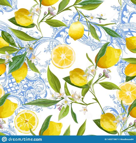 Seamless Pattern with vintage barocco design with yellow Lemon Fruits, Floral Background with Flowers, Leaves, Lemons Wallpaper. Illustration about paradise, greeting - 145571867 Background With Flowers, Wallpaper Fabric, Lemon Patterns, Soyut Sanat Tabloları, For Wallpaper, Digital Scrapbook Paper, Fruit Pattern, Fabric Print, Prepasted Wallpaper