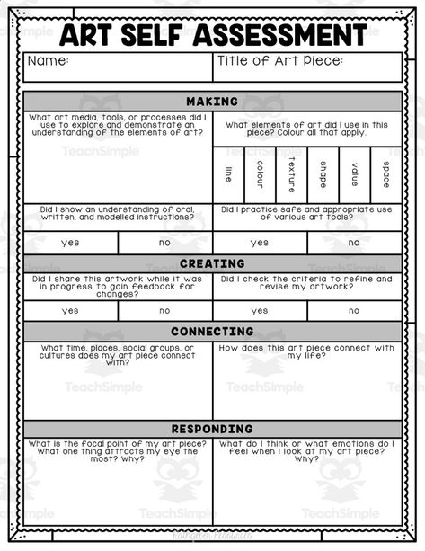 This resource is an Art Assessment. This is a great printable for students to evaluate their artwork.It is a self-assessment that allows students to reflect on 4 categories:1. Making2. Creating3. Connecting4. RespondingStudents will answer questions about what they made, if they gathered feedback during the process, art to world connections and more.Self assessments allow students to see the importance of their work and teaches them to take pride in their work. Art Self Assessment, Art Baseline Assessment, Art Rubric Elementary, Teacher Feedback From Students, Assessment Ideas Elementary, Artwork Analysis, Art Evaluation, Choice Based Art, Authentic Assessment