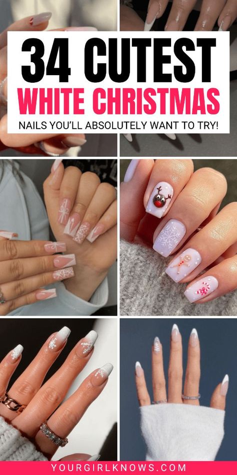 Talk to me about getting into the holiday spirit by watching Christmas movies, planning Holiday decorations, putting on some jolly tunes, and living in your cozy ugly sweater all the effin' time. But when you Holiday White Nails Christmas, White Tip Snowflake Nails, Christmas Nails With White Tips, Classy White Christmas Nails, White Sparkle Nails Christmas, White Holiday Nail Designs, Simple Neutral Christmas Nails, Winter Nails Pink And White, Milky White Holiday Nails