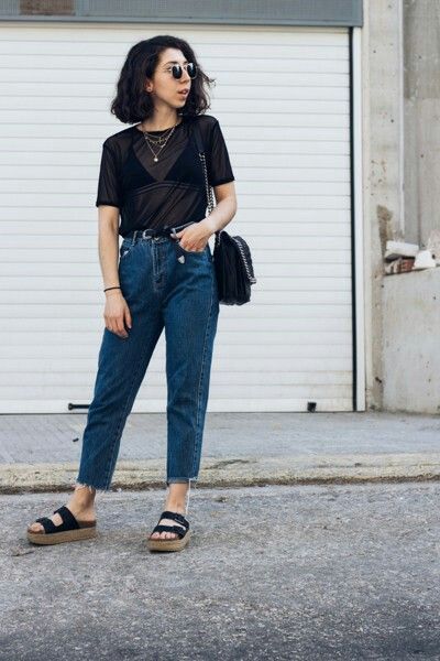 Sheer top mom jeans sandals Black Sheer Top Outfit Jeans, Black Sheer Top Outfit, Sheer Top Outfit, Casual Summer Outfits For Teens, Gig Outfit, Jeans Sandals, Sheer Outfit, Jean Sandals, Transparent Top