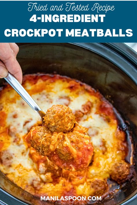 Easy Cheesy 4-Ingredient Crockpot Meatballs - Manila Spoon Pizza Meatballs Crockpot, Cheesy Meatballs Crockpot, Crockpot Meatballs Marinara, Italian Meatballs Crockpot, Crockpot Meatball Recipes, Frozen Meatballs Crockpot, Easy Crockpot Meatballs, Meatballs Marinara, Meatballs Crockpot