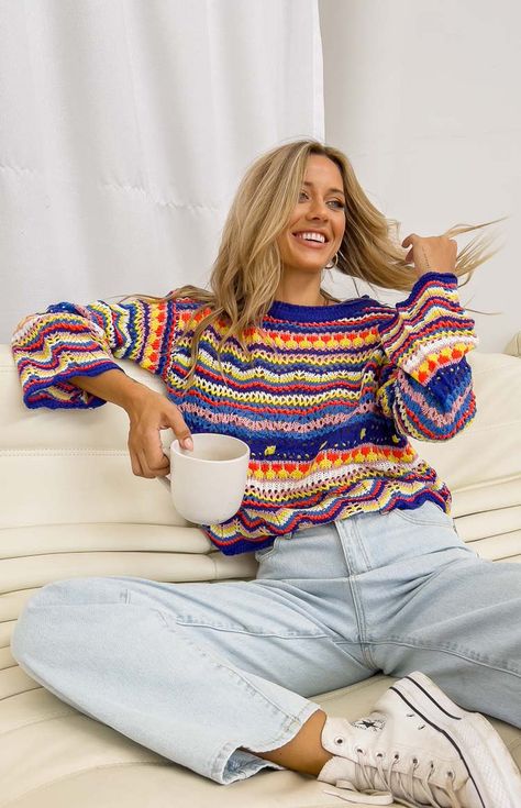 Colorful Striped Sweater, Colorful Sweater Outfit, Colorful Crochet Sweater, Birkenstock Clogs Outfit Fall, Grandma Activities, Colourful Sweater, Fun Sweaters, Sweata Weatha, Colorful Knit Sweater