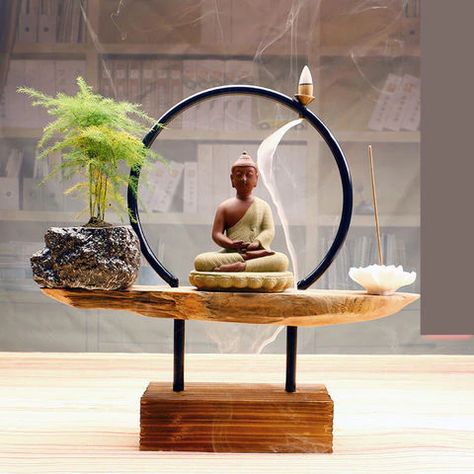 Chinese Style Backflow Incense Burner Ceramic Character Metal Circle Wooden Base Home Auspicious Decoration Crafts Sent Friends|Incense & Incense Burners|Home & Garden - AliExpress Incense Fountain, Zen Landscape, Ceramic Buddha, Buddha Home Decor, Office Yoga, Buddha Garden, Meditation Room Decor, Buddha Decor, Backflow Incense Burner