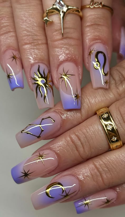 Pisces Constellation Nails, Maddy Perez Inspired Nails, Pisces Aesthetic Nails, Fire Sign Nails, Nail Ideas Crazy, Astrology Nail Designs, Pisces Acrylic Nails, Sagittarius Nail Art, Witchy Nails Square