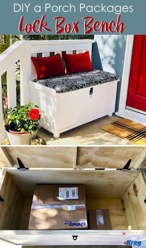 DIY a Porch Packages Lock Box Bench - a perfect way to keep your holiday and everyday deliveries more secure from porch pirates! Porch Box For Deliveries, Outdoor Box For Packages, Porch Drop Box Ideas, Diy Porch Package Storage, Front Porch Storage Bench, Package Holder For Porch, How To Hide Packages On Porch, Porch Pirate Box Diy, Front Porch Ideas To Hide Packages