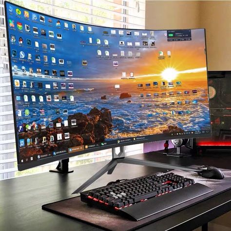 Curved Monitor, Computer Desk Setup, Home Studio Setup, Computer Gaming, Gaming Monitor, Repair Guide, Gaming Room Setup, Studio Setup, Game Room Design