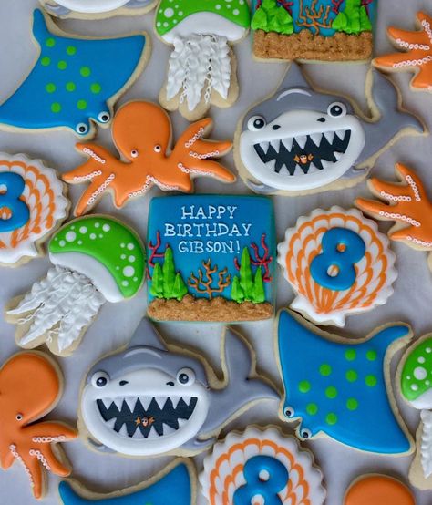 Nemo Cookies, Marine Cookies, 3rd Birthday Boys, Sea Shark, Beach Cookies, Shark Cookies, Sugar Cookie Royal Icing, Water Creatures, 3rd Birthday Cakes