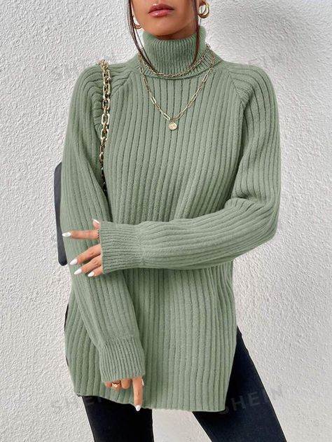 SHEIN Frenchy Green Grain Fabric Turtleneck Raglan Sleeve Split Hem Sweater | SHEIN USA Green Turtleneck Outfit, Turtleneck Outfit, Green Turtleneck, 2024 Outfits, Pullover Outfit, Travel Wear, Hem Sweater, Women Sweaters, Split Hem