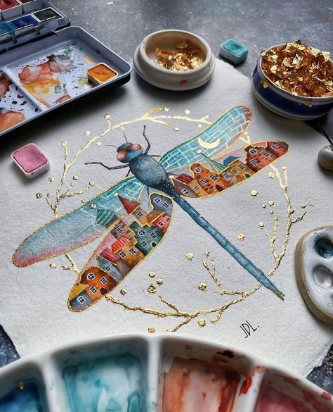 Dragonfly Art, Watercolor Ideas, Watercolor Flower Art, Watercolor Art Lessons, Watercolor Inspiration, Beautiful Drawings, Diy Art Painting, Painting Tutorial, Art Techniques