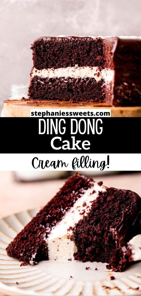 This homemade Ding Dong is a 6-inch cake with moist chocolate cake layers, a cream center, and chocolate ganache on top. It is everything great about Ding Dongs, but even better!