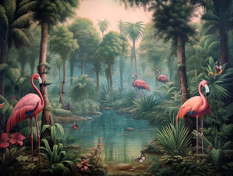 wallpaper jungle and leaves tropical forest mural flamingo and birds old drawing vintage background Ananbo Wallpaper, Jungle Landscape, Forest Mural, Foggy Forest, Jungle Wallpaper, Forest Wallpaper, In The Jungle, Tropical Forest, Background Vintage