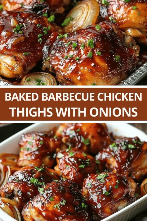 Baked Barbecue Chicken Thighs with Onions Barbecued Chicken Thighs, Baked Bbq Chicken Thighs Bone In, Oven Barbecue Chicken Thighs, Healthy Chicken Thigh Recipes Baked, Bbq Chicken Thighs In Oven, Bake Chicken Thighs In Oven, Baked Barbecue Chicken Thighs, Barbeque Chicken Thighs, Chicken Theighs