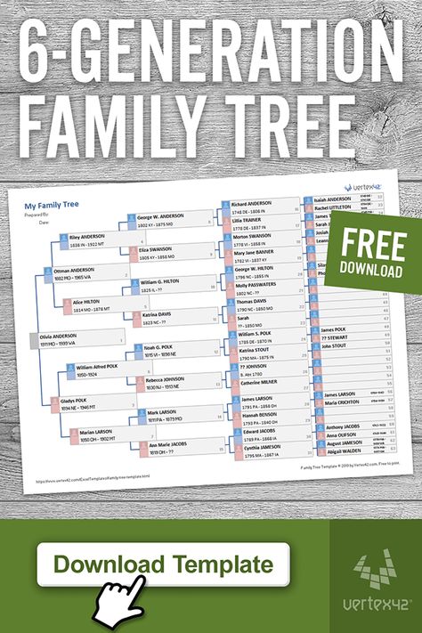 Download a free printable Family Tree Template for Excel or Google Sheets that shows 6 generations on a single page. This is great for genealogy projects. It was inspired by the family tree view on ancestry.com and familysearch.org, and makes efficient use of the space on the left of the page. Design by Vertex42.com. Printable Family Tree Template, Printable Family Tree, Family Tree Forms, Blank Family Tree Template, Genealogy Templates, Free Family Tree Template, Family Tree Book, Blank Family Tree, Family Tree Worksheet