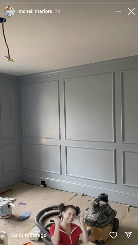 Sitting Room Wall Panelling, Statement Wall Panelling, Chairrail Wainscoting Bedroom, Easy Waynes Coating Ideas, Paneling Dining Room Wall, Blue Wanescoting Ideas, Wall Paneling Ideas Nursery, Wayne’s Coating Bedroom, Dining Room Waynes Coating Ideas