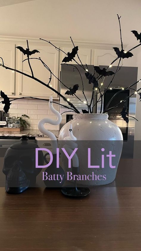 DIY Lit Batty Branches (for basically FREE) 🤩🤩🤩 Scavenge yourself some branches from your yard, or your neighbors yard, or the park or wherever. 😆 Spray paint those black. Get yourself some of these cutie bats from Dollar Tree and hot glue them on however ya like. Wrap your branches in Fairy lights and BAM. That’s literally it. This DIY is quick, EASY and so cute it’s batty! 🦇🦇🦇 . . . . #diyhalloween #halloweenideas #halloweendecor #halloweenseason #halloweendiy #halloweendecorations | Do Spray Painted Tree Branches, Halloween Facts For Kids, Halloween Branches, Halloween Fun Facts, Jesus Decor, Painted Branches, Fun Facts For Kids, October 3rd, Halloween Facts