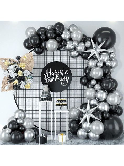 Black And Silver Balloon Garland Kit, Including Black And Silver Latex Balloons And Flower Garland, Perfect For Birthday, Wedding Anniversary, Graduation Party SuppliesI discovered amazing products on SHEIN.com, come check them out! Black And Silver Birthday Theme, Black And Silver Balloon Garland, Black And Silver Party Theme, Silver Balloon Garland, Silver Balloon, Silver Party, Bathroom Decor Apartment, Flower Garland, Deco Art