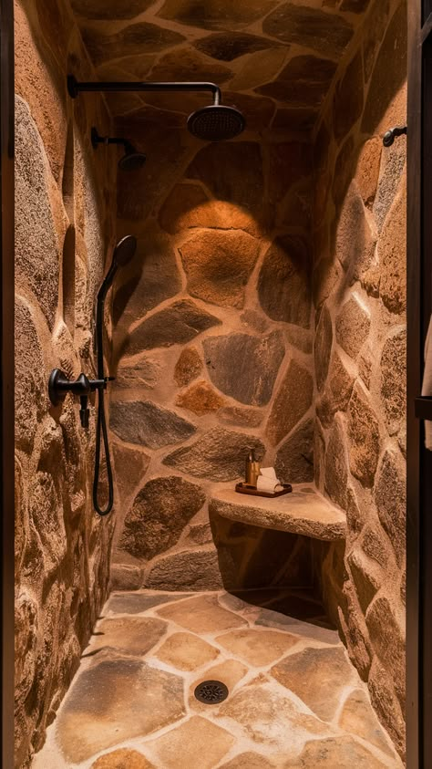 21 Walk-In Shower Ideas for Every Bathroom – Small, Rustic, Master Bath, and Budget-Friendly Designs Cave Shower Walk In, Showers With No Doors, Bathroom Nature Theme, Rock Bathroom Ideas, Stone Tiles Bathroom, Rustic Tile Shower Ideas, Showers With Windows, Stone Shower Ideas, Rustic Walk In Shower Ideas