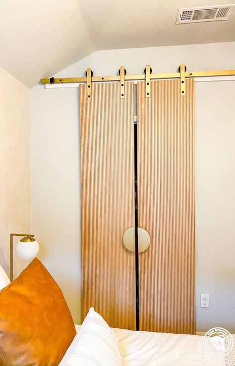 Modern Barn Door Sliding, Interior Door Hardware Modern, Mcm Sliding Door, Brass Barn Door Hardware, Modern Double Barn Door, Mid Century Modern Sliding Door, Pole Wrap Closet Door, Modern Barn Door Closet, Diy Double Doors Interior