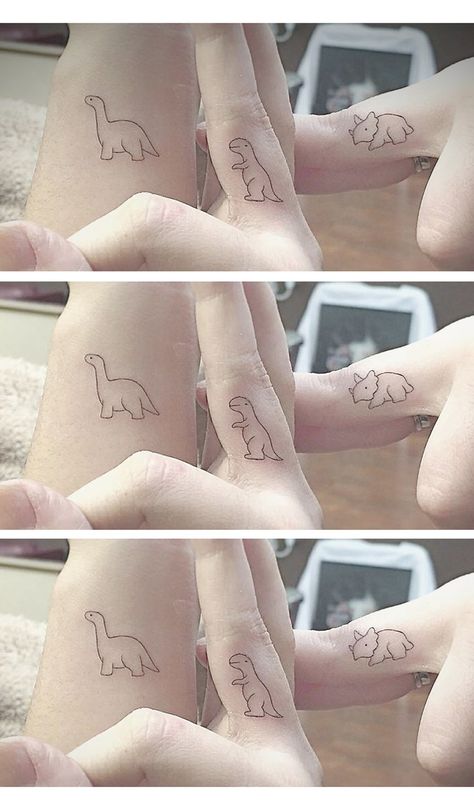 Simple Matching Finger Tattoo Ideas for Bestfriends, Siblings, Sisters, for 3 - Minimal Dinosaur Tatouage - Ideas Del Tatuaje - www.MyBodiArt.com Matching Cousin Tattoos, Cousin Tattoos, Sisters Tattoo, Matching Sister Tattoos, Dinosaur Tattoos, Sibling Tattoos, Omerta Tattoo, Bff Tattoos, Matching Couple Tattoos