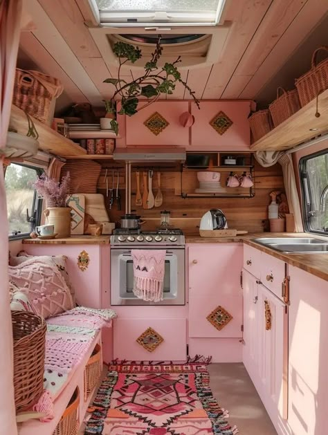 Camper Interior Design Ideas, Camper Design Ideas, Boho Rv, Pink Camper, Pink Trailer, Hippie Camper, Camper Diy, Small Camper, Camper Design