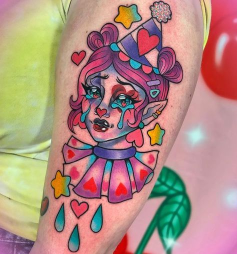 Kawaii Space Tattoo, Pastel Tattoo, Colour Tattoos, Candy Tattoo, Traditional Tattoo Inspiration, Bright Tattoos, Tattoo Apprenticeship, Pink Tattoo, Clown Tattoo