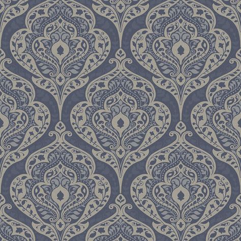 Grey Accent Walls, Grey Damask Wallpaper, Navy Living Room, Paper Paste, Ornamental Art, Navy Living, Lounge Inspiration, Grey Accent Wall, Life Wallpaper