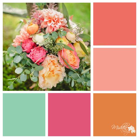 Pink Orange Mint Wedding, Magenta Coral Color Palettes, Coral Pink Green Palette, Sage Pink Orange Wedding, Pale Pink And Orange Wedding, Pink Orange Green Color Scheme, Pistachio Green Wedding, Pink And Orange Wedding Theme, Coral Wedding Colors Scheme