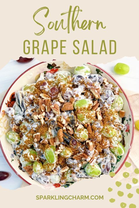 Thanksgiving Recipe! Friendsgiving! Potlucks! The Best Southern Grape Salad with Pecans is a delightfully tasty make-ahead dish that can be served as a salad or a dessert. #thanksgivingsides #grapesalad #southerngrapesalad #easythanksgivingsides #friendsgivingrecipes Thanksgiving Grape Salad, Thanksgiving Cold Salad Recipes, Grape Salad Dessert, Southern Grape Salad, Thanksgiving Cold Salads, Thanksgiving Salads For A Crowd, Cold Thanksgiving Salads, Thanksgiving Cold Sides, Midwestern Salad Recipes