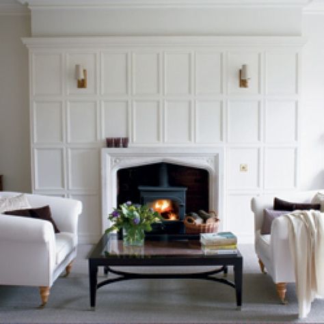 White-panelled living room | How to decorate with white | PHOTO GALLERY | Housetohome.co.uk Interesting Wainscoting Ideas, Fireplace On Short Wall, Fireplace Mantals, Fireplace Lighting Ideas, Board And Batten Fireplace Wall, Staircase Wainscoting, Painted Panelling, Toscana House, Mill Work