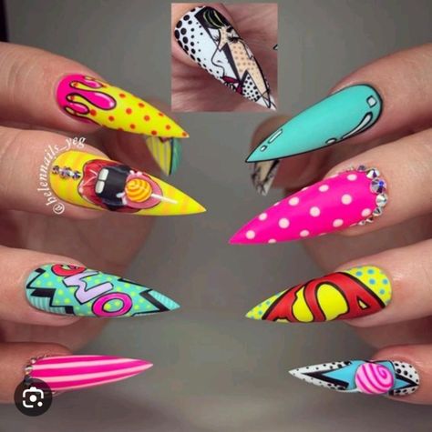 Comic Book Nails, Book Nail Art, Pop Art Nails, Unghie Sfumate, Nagellack Trends, Crazy Nails, Nails Polish, Nail Swag, Dipped Nails