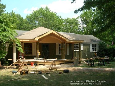 Front Porch Construction Details - Stunning Befores and Afters Porch Construction, Front Porch Addition, Gable Roof Design, Veranda Design, Ranch House Remodel, Porch Kits, Enclosed Porch, Ranch House Exterior, Porch Addition