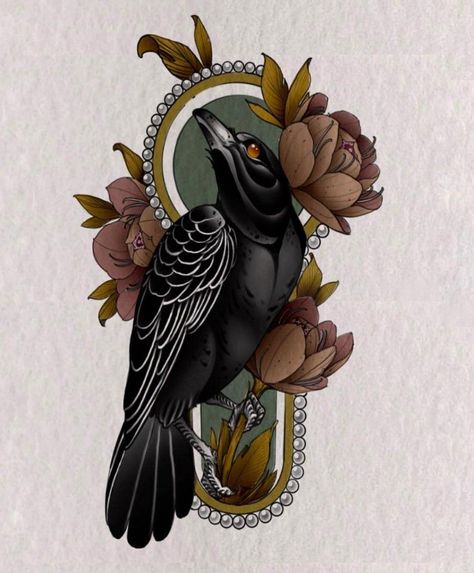 Neo Traditional Cover Up Tattoo, Traditional Cover Up Tattoo, Traditional Tattoo Crow, Cover Up Tattoo Design, Neo Traditional Art, Rabe Tattoo, Crow Tattoo Design, Motifs Art Nouveau, Neo Tattoo