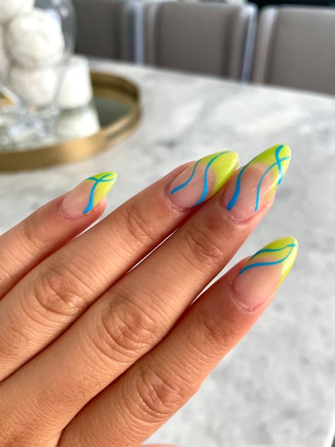 Green and blue french tip nails Funky French Tip Nails, Nail Design French Tip, Nail Design French, Design French Tip, French Tips Nails, Artistic Nails, Tips Nails, Magic Nails, Nails Tips