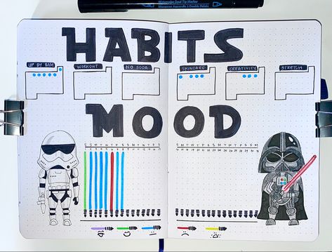 Bujo Star Wars Theme, Star Wars Bujo, Star Wars Bullet Journal, Star Wars Doodles, Habit And Mood Tracker, Bujo Habit Tracker, Bujo 2025, Bullet Journal Mental Health, 2024 Bujo