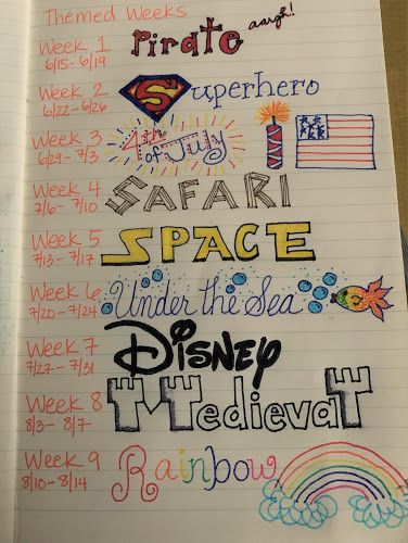 Themed Weeks For School, Theme Weeks For School, Different Themes Ideas, Last Day Of Summer Camp Activities, Summer Camp Cabin Themes, Themed School Days, School Themes Ideas, Summer Week Themes For Kids, Themed Summer Weeks