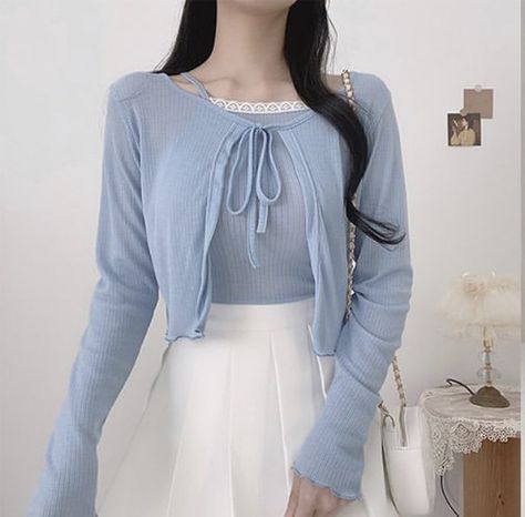 Casual Outfit Korean, Pastel Blue Outfit, Light Blue Jumper, Light Academia Outfit, Rich Girl Outfits, Cute Korean Outfits, Aesthetic Dress, Korean Fashion Dress, Korean Dress