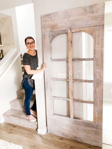 DIY Barn Door | Hometalk Galvanized Pipe Shelves, Concrete Bar Top, Farmhouse Trim, Concrete Bar, Faux Brick Panels, Diy Sliding Door, Faux Brick Walls, Brick Paneling, Faux Wood Beams