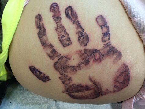 Handprint Tattoo On Buttcheek, Tattoo On Buttcheek, Handprint Tattoo, Zombie Pin Up, Pin Up Girl Tattoo, 3d Tattoos, 3d Tattoo, Classy Tattoos, Ink Master