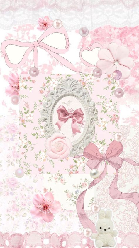 a coquette baby pink flowery wallpaper with lots of ribbons and pearls alongside with some cherry blossoms around Lockscreen And Wallpaper Match, Wallpaper Shuffle, Alfabet Font, Pretty Wallpaper Ipad, Cute Wallpapers For Ipad, Cover Wallpaper, Iphone Photo App, Cute Patterns Wallpaper, Motif Design