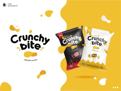 Crunchy Bite Logo & Packaging Design by Aris Kurnia Snack Brand Logo, Snacks Logo Design, Snack Logo Design Ideas, Chips Logo Design, Snack Packaging Ideas, Snack Ads, Bites Logo, Cereal Logo, Snacks Packaging Design