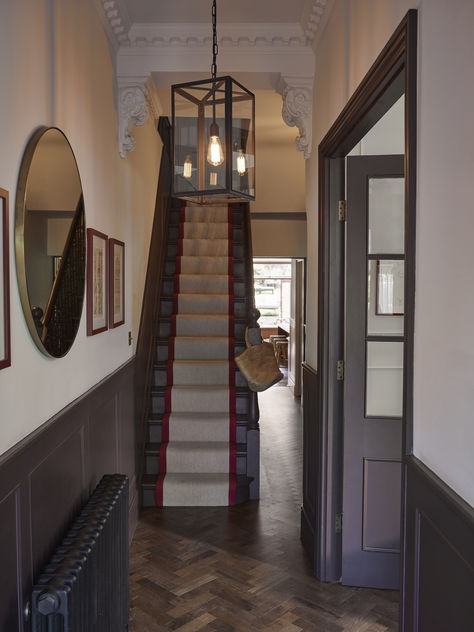 A dark hallway with wall panelling and a glass pendant light. Hallway Panelling Ideas, Square Pendant Light, Hallway Panelling, Hallway Pendant Lighting, Panelling Ideas, Square Pendant Lighting, Large Hallway, Small Pendant Lights, Box Light