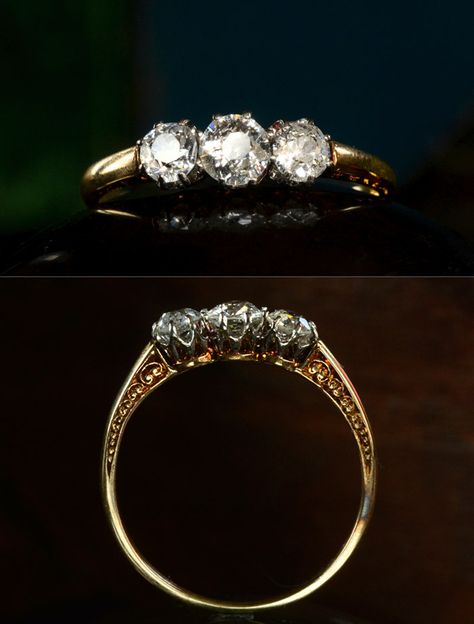 1900-10s Edwardian Three Diamond Ring, ~0.70ctw European Cut Diamonds, Platinum, 18K Gold (sold) Three Diamond Ring, European Cut Diamond Ring, Edwardian Jewelry, Rings Rings, Beautiful Engagement Rings, Sell Gold, Diamond Settings, European Cut Diamonds, Wedding Board