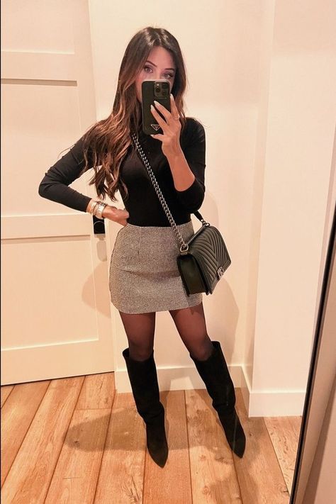 Winter date night calls for skirts and boots - wearing a size 2 in this skirt that’s under $100. So chic and cute! Tap to shop this winter date night outfit! Holiday Plaid Skirt Outfit, Classy Winter Dinner Outfit, New York Date Night Outfit Winter, Movie Night In Outfit, Christmas Light Date Outfit, Cute Buissnes Casual Outfits, Date Outfit Winter Night, Feminine Date Night Outfit, Outfit Ideas For Winter Party