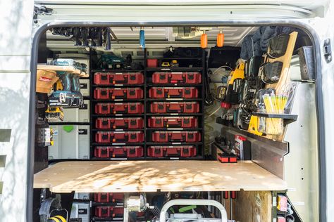 7 Rules For Organizing Your Work Van - This Old House Work Truck Organization, Work Truck Storage, Van Organization, Ute Canopy, Truck Organization, Van Shelving, Work Trailer, Work Van, Van Racking