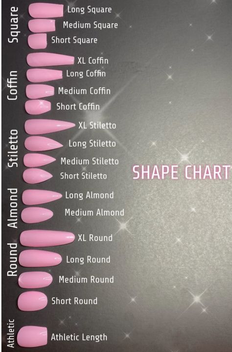 Nail Inspo Shape, Acrylic Nail Designs Shapes, Nails Chart Shape, Acrylic Nail Length And Shape Chart, Acrylic Nails For January Simple, Nails 2023 Trend Colors, Gel Nail Styles Shape, Nail Sizes And Shapes, Nails Acrylic Size Chart