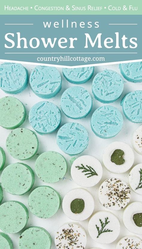 See how to make and use 3 DIY shower melts for health, wellness relaxation: relaxing eucalyptus shower bombs, decongestant peppermint shower fizzies with menthol crystals (DIY Vicks vapor rub shower melts) and headache shower steamers. The simple homemade aromatherapy recipe is made with cornstarch, baking soda, essential oils and clay to be long lasting. The shower disks can help to breathe easy, and provide relief for sinus congestion, cough and respiratory problems. | countryhillcottage.com Diy Vicks Vapor Rub, Vicks Shower Melts, Vapor Rub Shower Melts, Diy Vicks, Diy Shower Melts, Vicks Shower, Shower Steamers Diy, Shower Fizzies, Vicks Vapor Rub